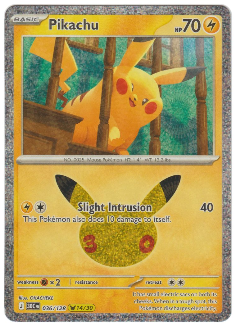 Pikachu 036/128 de 30th Celebration escaneado por frente